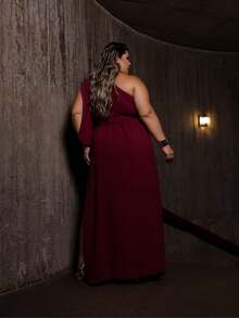 Women's Long Dress One Sleeve Plus Size With Slit And Opening On The Sleeve Elegant - Redwood - View 3
