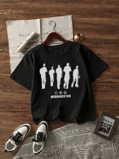 Camiseta de manga corta negra con estampado de moda para hombre