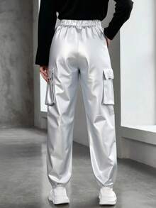 1  Liso    Casual  Fiesta  Elegante  Sexy  Dulce    Bolsillo  Cintura con volante  Cordón    Noche de fiesta  Vacaciones  Diario  Formal y de noche  Despedida de soltera  Trajes de aeropuerto  Concierto de música country  fiesta del té  viaje   Pantalones de carga casuales de unicolor, con diseño de múltiples bolsillos y cintura elástica, ideales para el transporte diario - Plateado - Ver 3