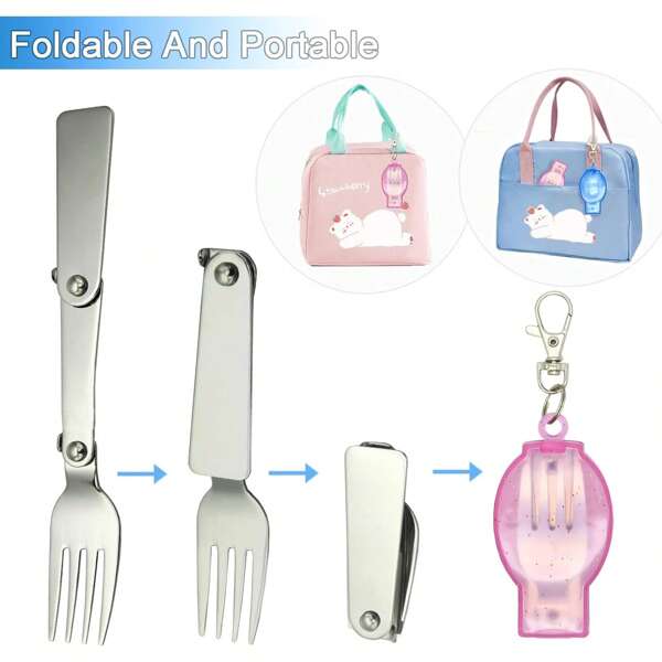 2 Stück faltbarer Löffel und Gabel, wiederverwendbares Besteckset mit Etui, Geschirr, Besteckset, Reisezubehör, Besteckset für Partys, faltbare Edelstahl Spork Reisegabel, tragbare Ersatzteile für Lunchbox, Camping Spork für Reise, Camping, Picknick, Outdoor Aktivitäten (01)