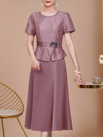 Luxury Sequin Lace Colorblock Satin Evening Gown, Short Sleeve Round Neck Formal Party Maxi Dress, Embroidered Rhinestone Neckline, 3D Floral Details, Elegant Women's Apparel, Back Zipper Closure, Suitable For All Seasons, Perfect For Weddings, Formal Events, Christmas Eve/Thanksgiving/Christmas/Chinese New Year/New Year's Eve Dress, Ideal For Weddings, Formal Occasions, Engagements, Ceremonies, Birthdays, Social Events, Galas, Cocktail Parties, Dances, Everyday, Vacations, Casual Wear