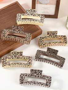 1/6 件时尚简约豹纹，心形和花朵设计大号防滑发夹，强力固定发夹，适合稀疏和浓密的头发，女士发饰 - 彩色 - 查看 4