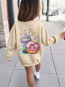 Tween Girl Casual Cartoon Donut Cute Face Girly Style Smile Pattern Round Neck Long Sleeve Black Sweater Pullover Autumn And Winter Style For Girls