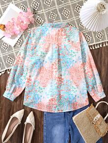 马卡龙色亚麻花卉印花衬衫，宽松透视休闲女衬衫 - 橘色 - 查看 2