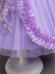 年轻女孩蕾丝串珠花瓣花卉优雅 A 字裙，花童婚礼派对公主礼服鸡尾酒会礼服 - 紫色 - 查看 8