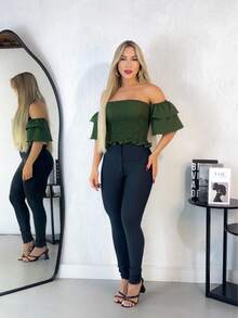 Simple Ruffle Hem Pleated Gathered - Army Green - View 4