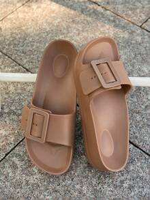 New European & American Style Strap EVA Thick Sole Slippers, Casual And Comfortable Outdoor Slide Sandals With Dual Buckles, Lightweight Anti-Slip Beach Shoes For Women - Chocolate Brown - View 5