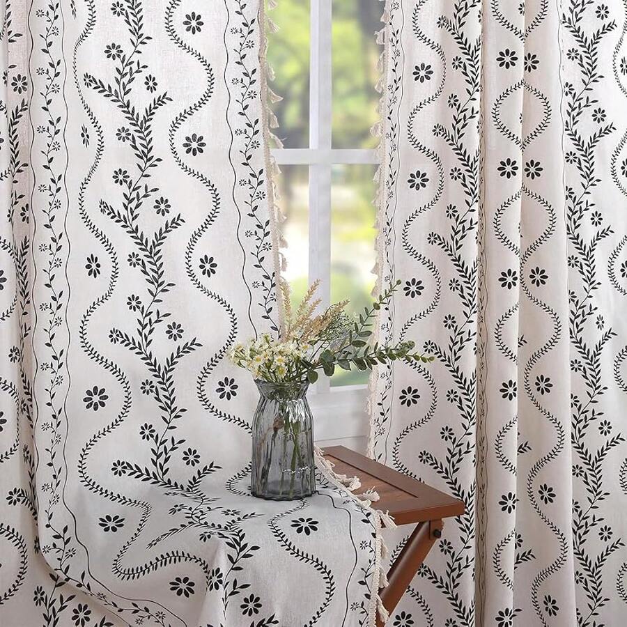 84 Inch Length Boho Farmhouse Curtains Living Room 2 Panels, Linen Semi Sheer Vintage Printed Floral Orange Rustic Curtain Drapes, Terracotta - 象牙 - 查看 1