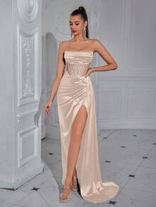 High-Grade Long Skirt Korean Velvet Tube Top Sexy Party Evening Dress Women's Dress - 杏色 - 查看 1