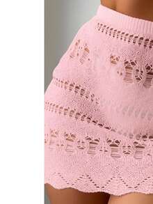 Beach Cover-Up: Lace Crochet Knit Skirt With Elastic Waistband And Adjustable Waistband - Rosa Pálido - Ver 2