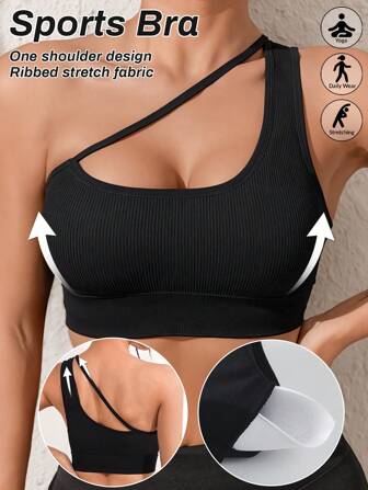 One Shoulder Crop Sports Bra For Women Medium Support Running Top Gym Comfort Wireless Yoga Bralette Black Seamless Ribbed Bra Push Up Workout Underwear Tank Top Sexy Workout Crop Top Compression Removable Cups Bralette High Impact Running Intimates