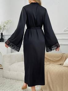 Sexy Simple Long Satin Nightgown Comfortable Tie Cardigan Lace Patchwork Robe Loungewear - màu đen - Xem 3