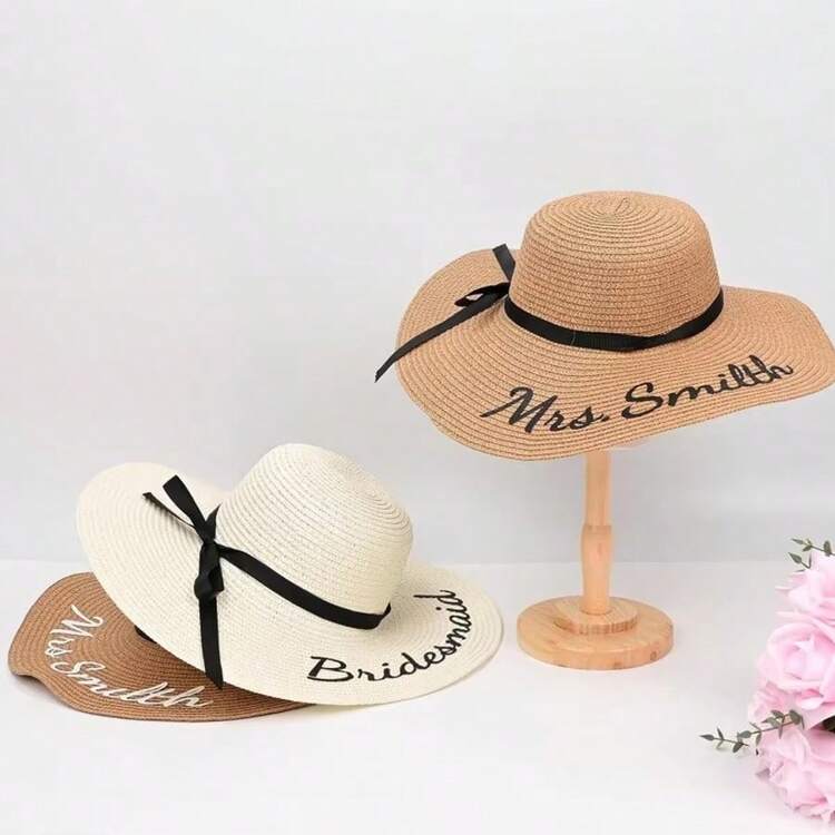1pc Customized Soft Brim Beach Hat, Bridal Gift, Personalized Beach Hat, Customized Hat, Lady Beach Hat, Bridesmaid Gift, Bridal Party Hat, Name/Surname Or Wedding Role. Whether You Want To Buy It As A Gift Or Keep It For Yourself To Wear As A Daily Beach Sun Hat, Or Even Wear It On A Bachelorette Party Or Honeymoon Trip, This Unique Customized Hat Is Suitable For Any Occasion. - Multicolor - View 8