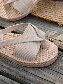 宽楦蝴蝶结时尚凉鞋，防滑沙滩拖鞋，女士大码，适合夏季日常穿着、派对和户外活动。 - 米色 - 查看 6