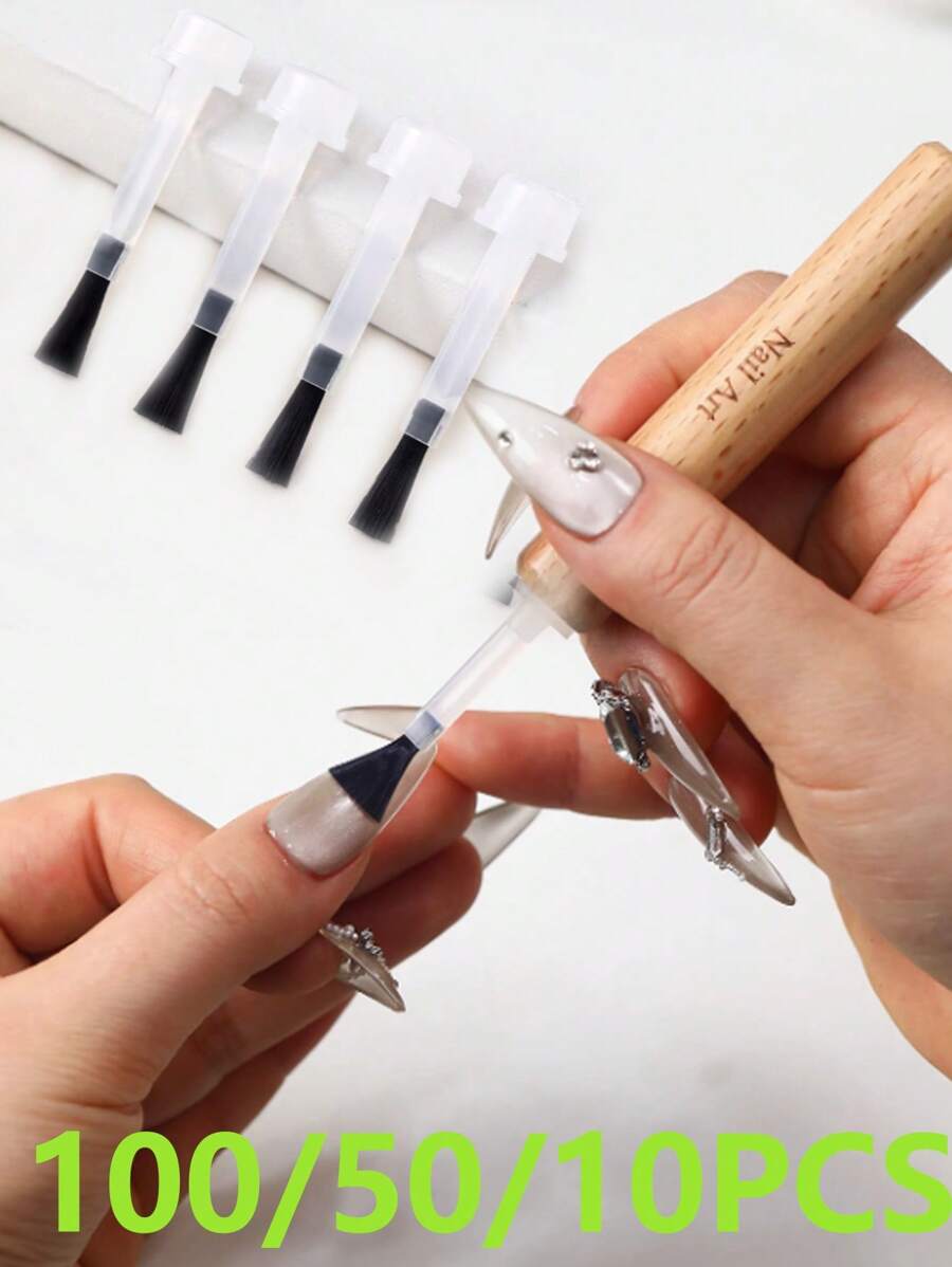 100/50/10件美甲沙龙指甲油凝胶可更换刷头，双头卫生防紫外线凝胶一次性备用刷头，双头不变形可拆卸木质美甲刷工具 - 彩色 - 查看 1