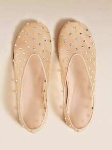 Fairy Style Mesh Rhinestone Low Vamp Flat Shoes, Unique Design, Breathable Ballet Flats For Women - Apricot - View 5