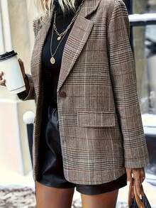 Estilo oversize, se recomienda bajar de talla, chaqueta blazer a cuadros para mujer - Diseño a cuadros, lavable a máquina con diseño cruzado sencillo, elegante para oficina y uso casual en otoño/invierno, tela versátil y duradera, blusa a cuadros de moda, chaqueta casual para mujer con forro