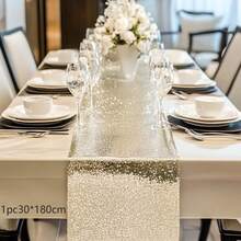 1pc Gold Sequin Table Runner 12*108 Inches, Sparkly Sequin Fabric Tablecloth For Wedding, Birthday Party, Formal Dinner, Hotel Event, Home, Outdoor, Restaurant, Buffet, Dessert Table Decor - Multicolor - View 9