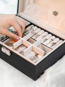 1个双层大容量首饰盒，PU皮革首饰展示盒，豪华可锁首饰收纳盒，家用首饰整理配件，可收纳项链、耳环、戒指、手镯，节日礼物，返校礼物。旅行必备配件，旅行包，度假，学习用品首饰盒首饰收纳盒 - 彩色 - 查看 4