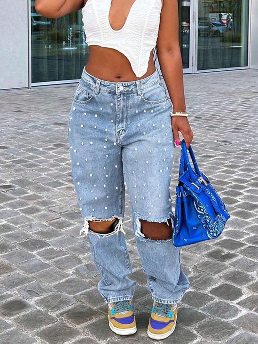 Y2k 膝盖破洞修身直筒锥形牛仔裤妈妈牛仔裤和仿珍珠装饰