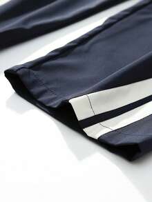 Striped Contrast Color Patchwork Sports Pants, Men's Loose Straight Leg Drawstring Waist Trousers For Gym Workout Training Running Outdoor Hiking Casual Daily Wear, Spring/Summer - Navy Blue - View 5