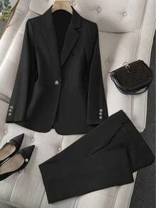 Solid Color Single Button Long Sleeve Single-Breasted Waistcoat Suit Pants Two-Piece Set - màu đen - Xem 1