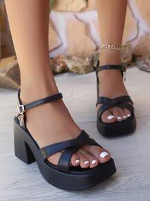 女士时尚水晶装饰扣高跟厚底凉鞋，露趾厚底交叉带升级版 - 黑色 - 查看 4