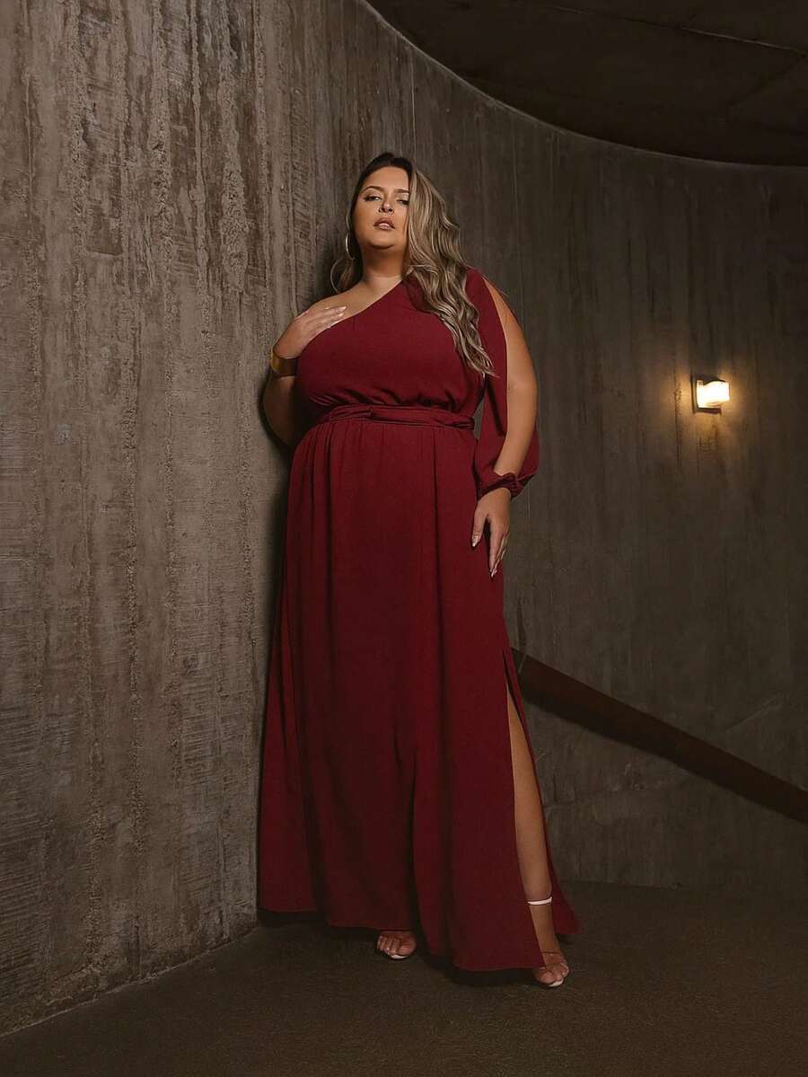 Women's Long Dress One Sleeve Plus Size With Slit And Opening On The Sleeve Elegant - Redwood - View 1