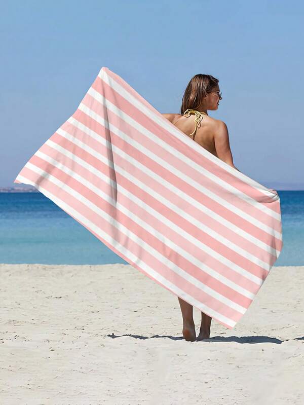 1 pieza Toalla de playa con patrón de líneas simples, toalla de playa a rayas suave y absorbente de varios tamaños, apta para viajes, vacaciones, deporte, baño, piscina y camping, toalla de viaje de punto moderna con alta absorción de agua