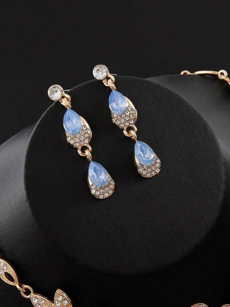 1 Đôi Hoa Tai + 1 Dây Chuyền Thiết Kế Hoa Đẹp Hợp Kim Cổ Điển Đính Kim Cương Bộ Trang Sức Chuyên Nghiệp Cho Nữ Phụ Kiện Mỏ Neo Dự Tiệc Tặng Quà Cho Các Bạn Nữ - Màu xanh nhạt - Xem 6