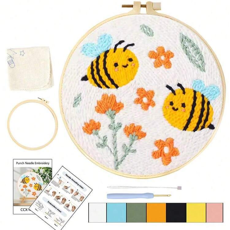 1 Set Embroidery Starter Kit, DIY Embroidery Needle Set Includes Floral & Bee Pattern Embroidery Hoop And Threads, Handmade Sewing Kit, Home Decor, 20x20cm/7.87x7.87 Inches - Multicolor - View 11