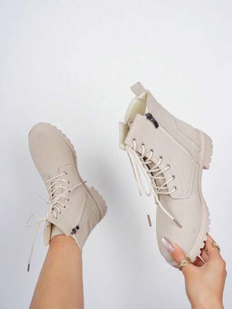 女士时尚百搭系带中筒靴摩托车靴短靴高帮防滑靴休闲舒适侧拉链户外靴骑行户外黑色靴秋冬靴过膝靴