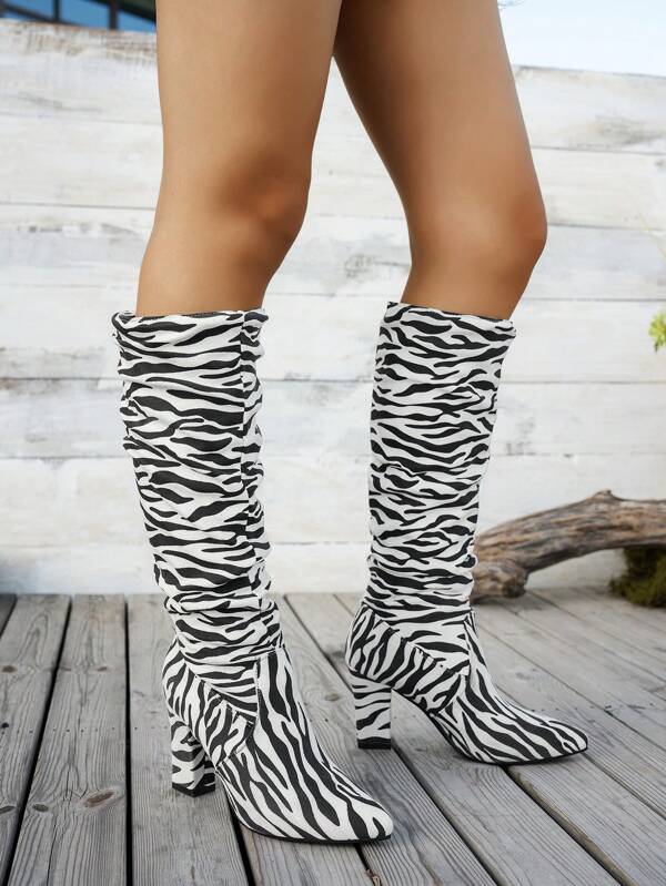Damen Zebra Muster Western Cowgirl Stiefel, Vintage Mode sexy elegante vielseitige Niedrigabsatz bequeme Trage weiße hohe Schaft Stiefel, Herbst/Winter