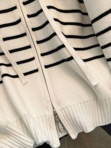 秋冬撞色条纹学院风双面拉链连帽休闲宽松针织开衫 - 白色 - 查看 7