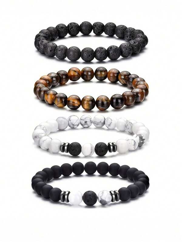 4pcs/Set Men's Beaded Tiger Eye & Howlite Volcanic Rock Elastic Bracelets, Couple Bracelet