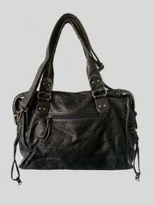 女士时尚街头朋克复古单肩包，大容量Y2K机车包，纯素皮革城市通勤包，可拆卸肩带斜挎包，适合日常使用和聚会，节日送礼佳品 - 黑色 - 查看 8