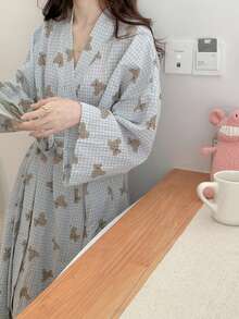 1pc Women's Robe, European & American Style Simple Long Sleeve Bathrobe, Sweet And Cute Bear Pattern, Thin Solid Color Sleepwear, Loungewear, Spring/Autumn - Baby Blue - View 8