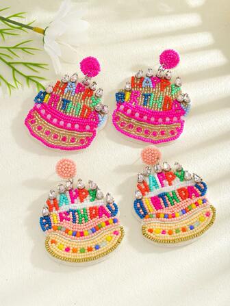 1 Pair Of Handmade Colorful Beaded Birthday Cake Earrings, Handmade Seed Pearl Happy Birthday Cake Drop Earrings, Great As Birthday Party Jewelry Gift