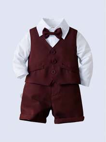 3 pezzi Completo da Gentiluomo per Ragazzi Giovani - Camicia Bianca con Papillon, Gilet Bordeaux e Pantaloncini, Alla Moda e Adatto per Feste di Compleanno, 1° Compleanno, Matrimoni, Occasioni Formali - Bordò - Visualizzare 9