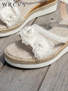WRCVS 白色系带编织坡跟凉鞋，夏季厚底绳底时尚度假凉鞋，蝴蝶装饰，水钻点缀学生波西米亚风格厚底鞋 - 白色 - 查看 7