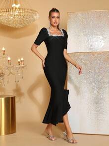 新款女士黑色性感方领泡泡袖手工串珠荷叶边伴娘礼服，适合婚礼、生日派对、宴会等场合。 - 黑色 - 查看 4