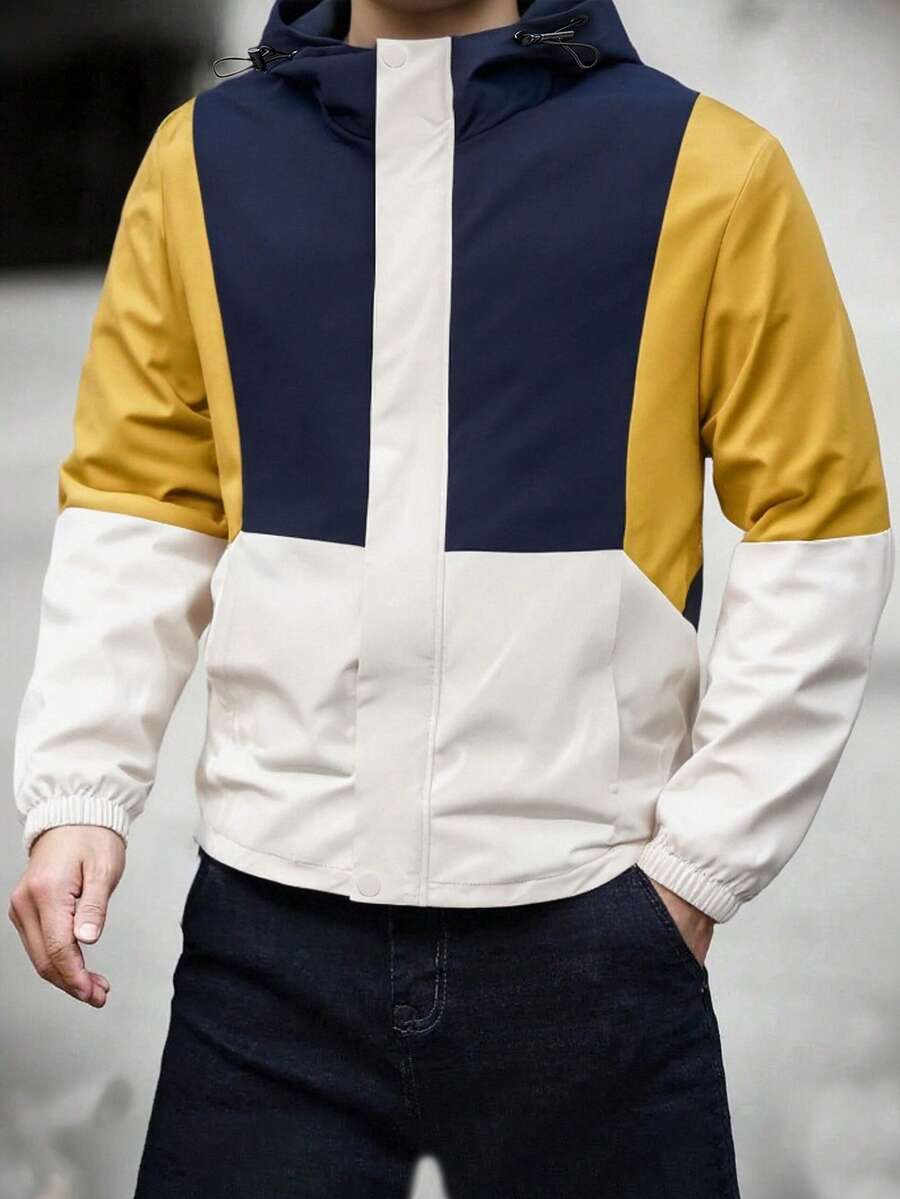 Chaqueta con capucha con cremallera y parches de colores contrastantes para hombre, casual y para exteriores, primavera/otoño