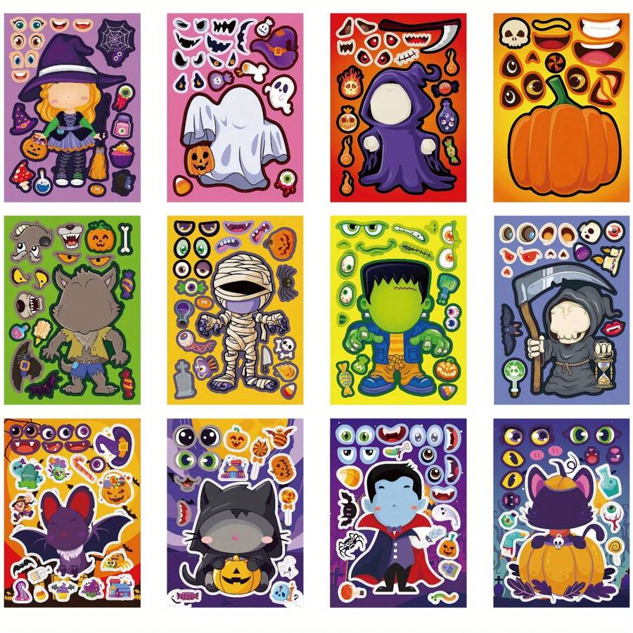 12/24pcs Halloween Stickers, Pumpkin, Witch, Bat, Werewolf, Skeleton, Ghost Stickers For DIY, Costume, Holiday Party Decoration