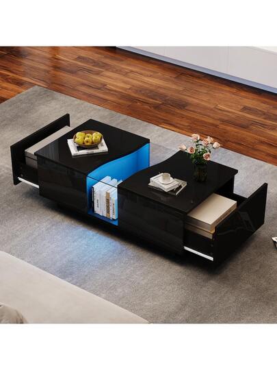 Sairedel Moderne LED Coffee Tafel Drawers 100 50 35 Cm, Wit High Gloss Side Verlichting Acrylic Top, MDF Living Room, Bedroom view 5