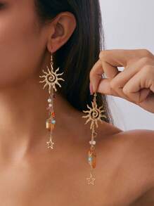 1 对波西米亚风格海洋元素金属海星和贝壳吊坠耳环，带不对称水晶珠流苏，适合女士，优雅珠宝，适合日常佩戴和度假