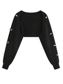 GIGOGOU 秋冬黑色粗针织 3D 刺绣花卉长袖开衫女式开衫，时尚百搭，优雅短款套头衫，适合通勤、情侣约会、度假、派对