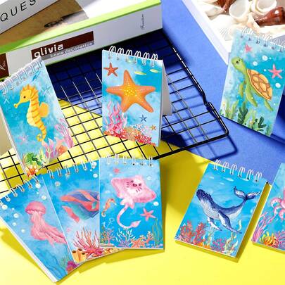 8pcs Ocean Themed Spiral Notebooks - Colorful Marine Animal Design Mini Memo Pads For Birthday Party, Ocean Events