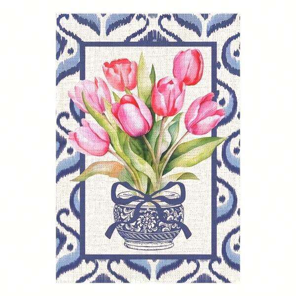 1 Chinese Tulip Garden Flag - Blue And White Spring Decor, 30.48x45.72cm Linen Welcome Flag With Vivid Pink Tulips And Green Leaves, Perfect For Easter, Summer And Holiday Outdoor Home Decor (Flagpole Not Included)