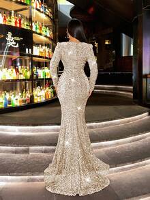 CHOSMO Đầm dạ hội dài tay đính sequin dáng đuôi cá mùa thu mới dành cho nữ, đầm dự tiệc sang trọng, thanh lịch ôm sát eo cao, thích hợp cho đám cưới, tiệc mùa xuân. - Màu be - Xem 3