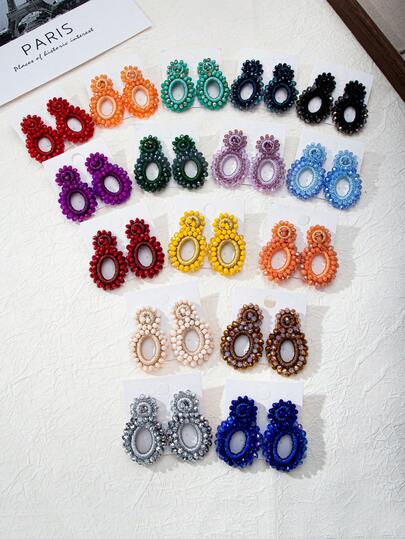 1 par de 25 nuevos aretes geométricos de diseño a mano a ganchillo de estilo bohemio de cristal, apropiados para uso diario, fiesta y vacaciones